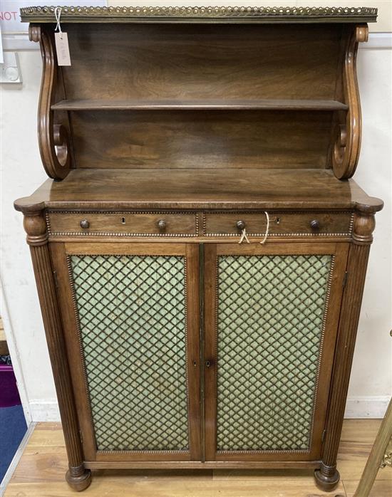 A Regency rosewood chiffonier of small proportions, width 89cm, depth 35cm, height 139cm